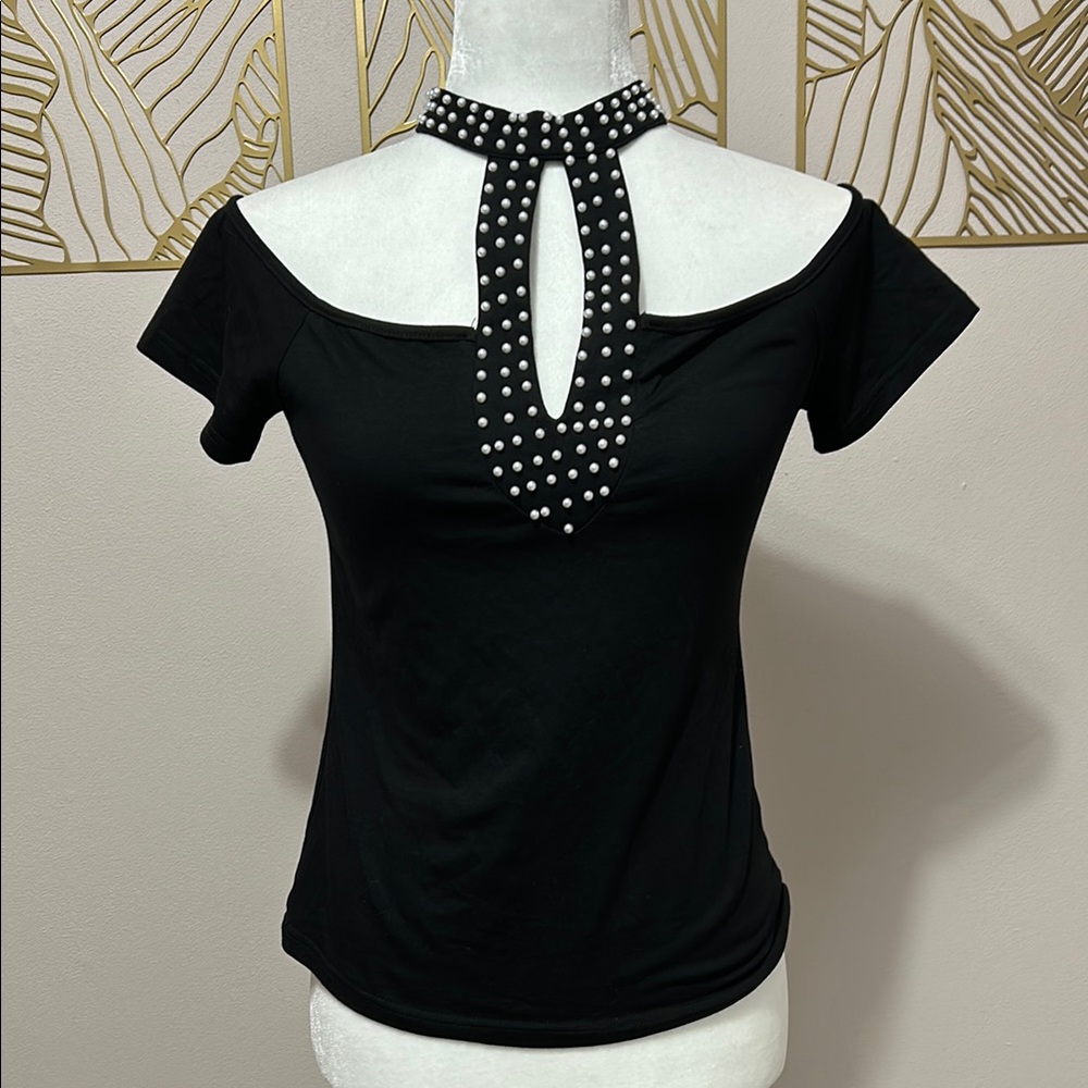 SHEIN Black Cap Sleeve Blouse with Cut Out and Embellished Features